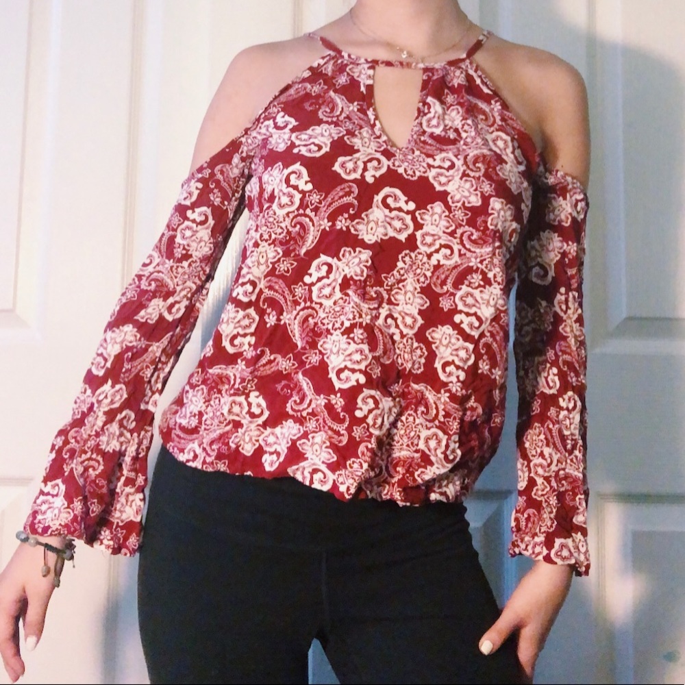 Maroon Paisley Pattern Off the Shoulder Top